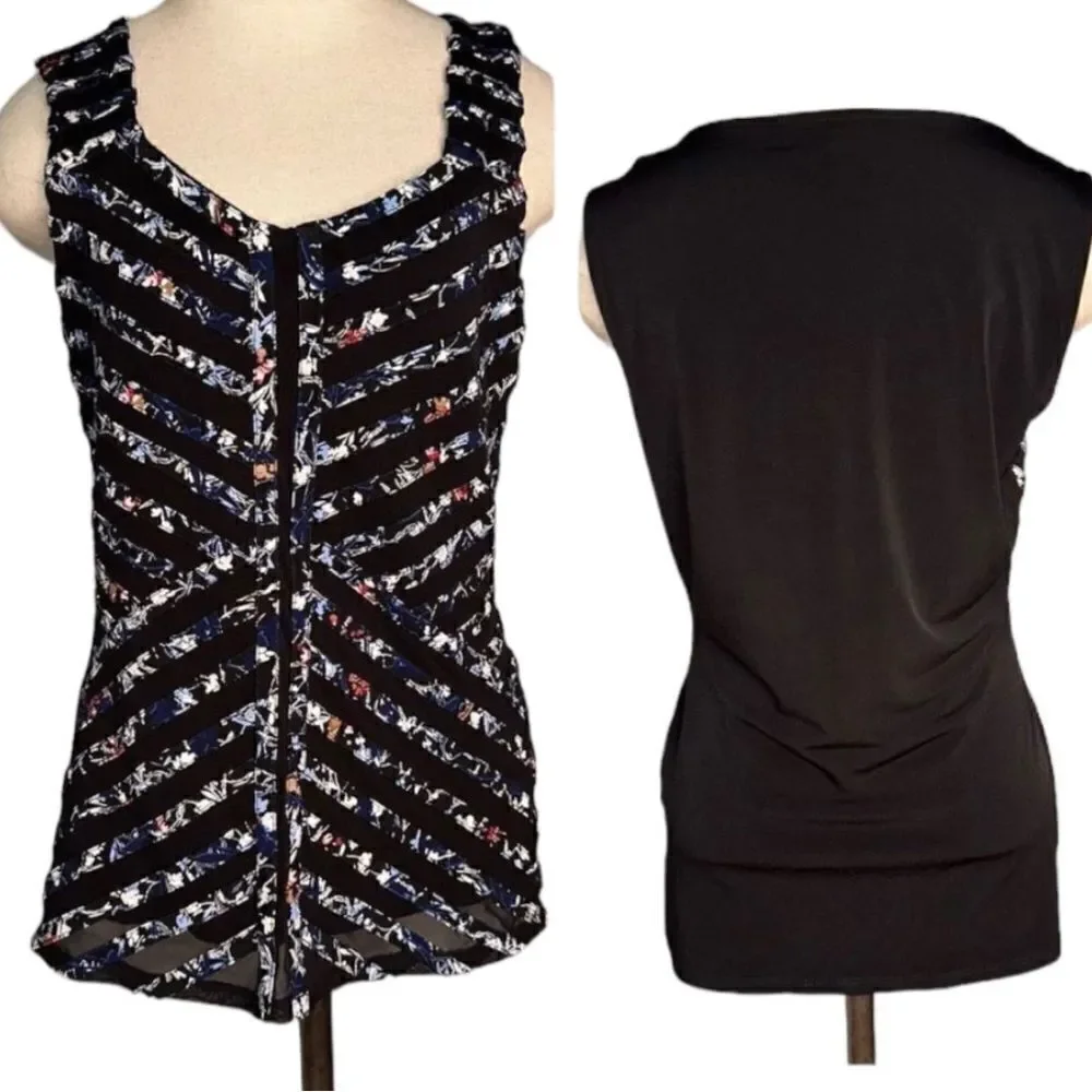 WHBM Womens M‎ Black Multicolored Asymmetrical Striped Mixed Media Chic Tank Top